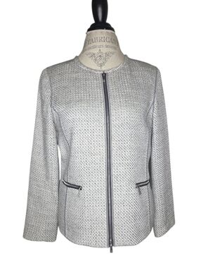 Lafayette 148 New York Kerrington Tweed Gray White Zip Front Jacket Size M